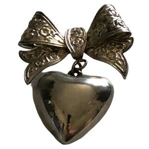 Filigree Silver Plate Heart Pin Brooch Vintage Puffy Bow Jewelry